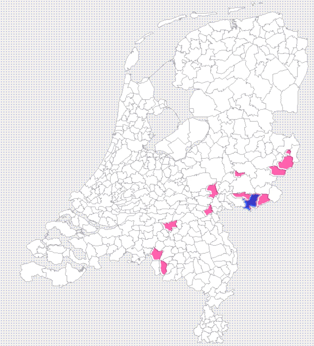 Kaart van Nederland per gemeente. Eén gemeente in de Achterhoek, rond Gendringen, heeft 11 tot 25 Hendrixens; elf andere gemeenten in het oosten en zuiden hebben er 1 tot 4.